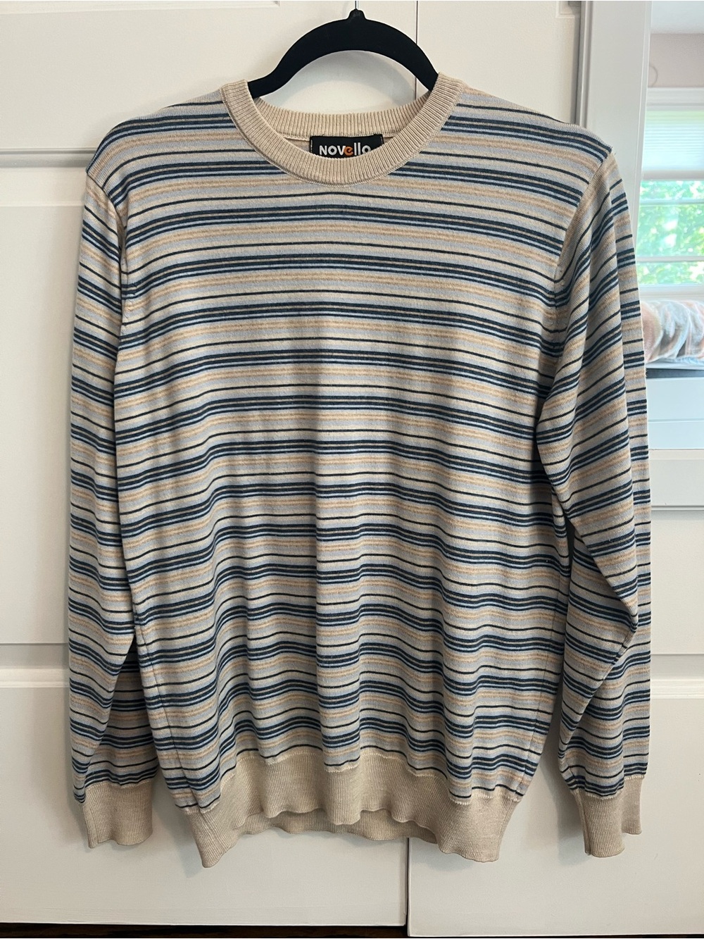 Mens Novello Cream and Blue Striped Crewneck Sweater Long Sleeve Size Large